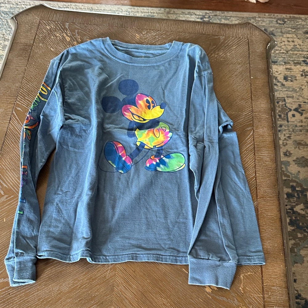 Disney Blue Long Sleeve Tee with Multicolor Tie-Dye Mickey